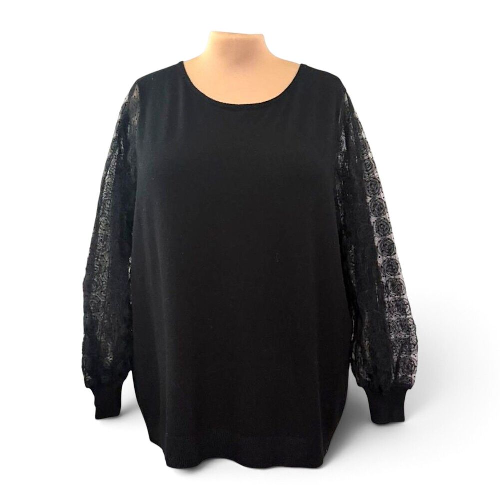Sioni‎ Milano Black Knit Sweater With Embroidered Sheer Sleeves, NWT! Size 3X
